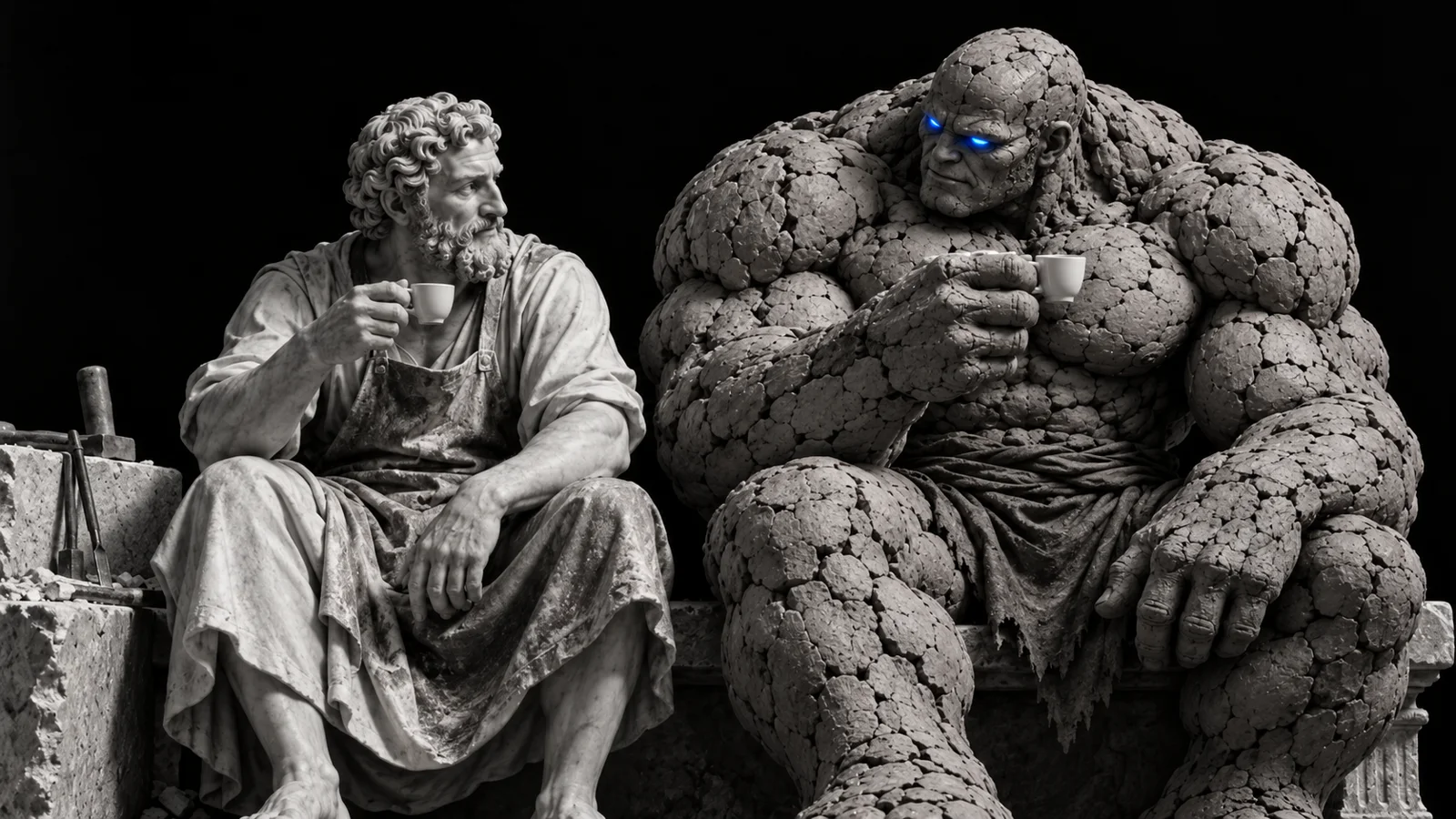 Un sculpteur de marbre et un golem d’argile, deux fois plus large que lui, font une pause espresso côte à côte sur un bloc de pierre ; le golem tient la minuscule tasse entre deux doigts.